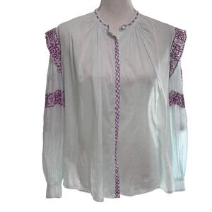 Antik Batik Alani Blouse Aqua Blue Purple Embroidered Cotton Voile Boho XS/36